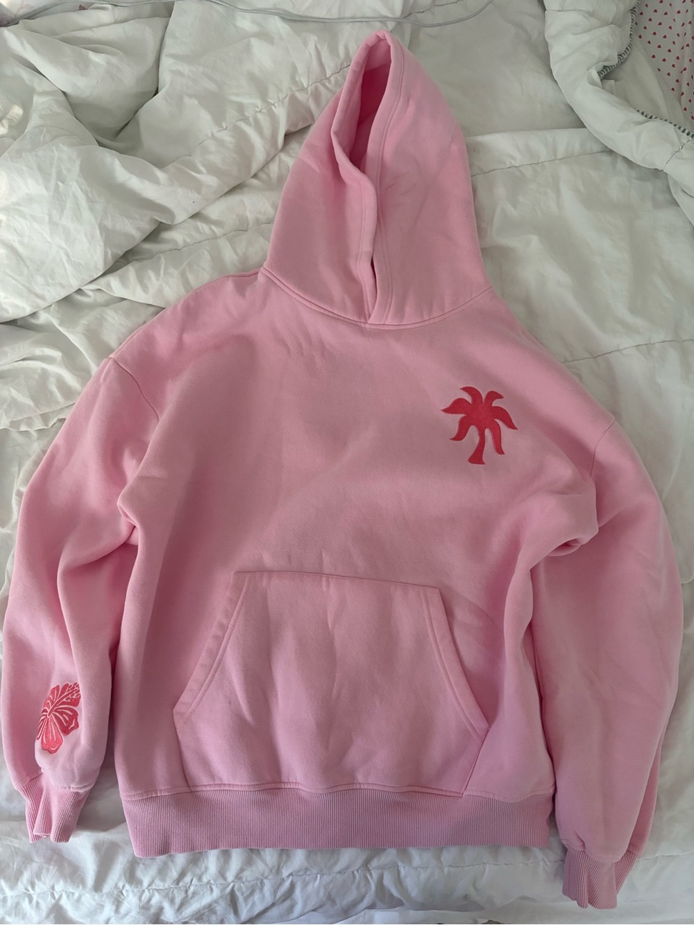 Pink palm puff “everything comes in waves” hoodie
